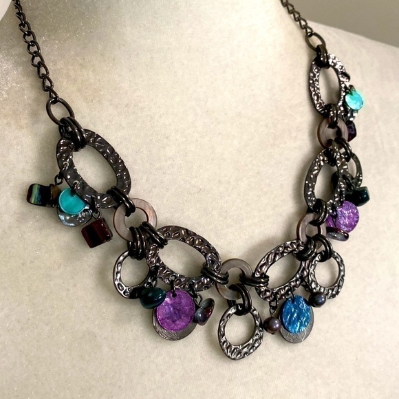 Edgy Gunmetal Hammered Textured Loop Linked Chain Necklace Purple Teal Vintage - Picture 9 of 16